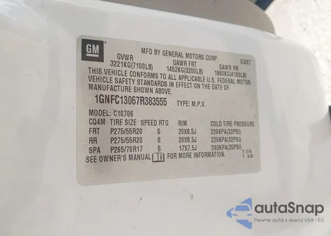 2007 Chevrolet Tahoe Lt from USA, damaged, VIN 1GNFC13067R383555